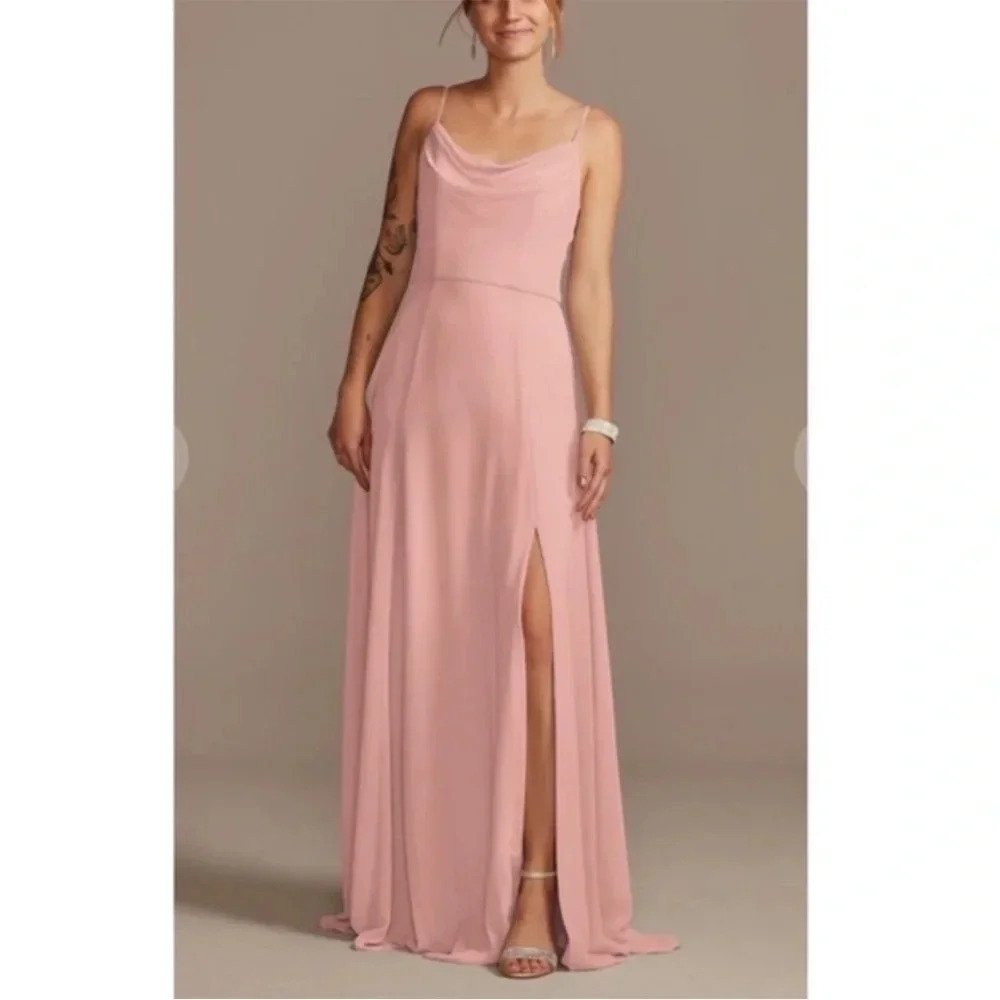 David’s bridal long cowl neck spaghetti strap maxi dress in sand